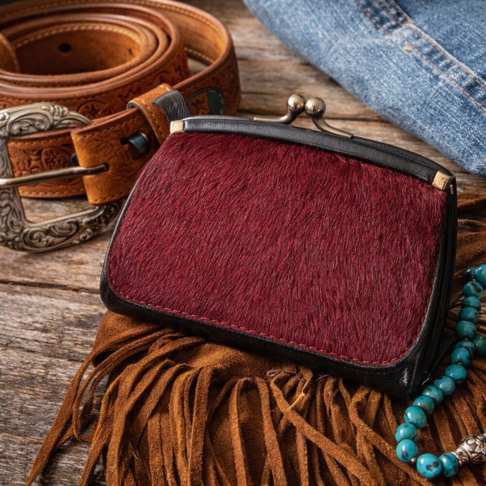 Fossil Leather & Hair-On Hide Frame Wallet Red Black Kiss Lock Clutch - Picture 1 of 8